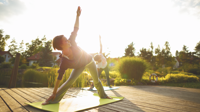 Zwei Frauen beim Yoga auf einem Steg im Grünen
