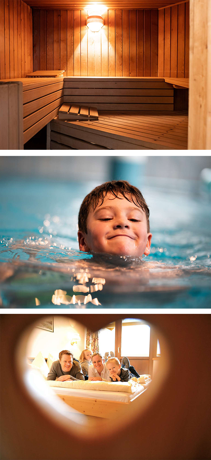 Wellnesshotels für Familien biohotels Sauna Kind im Pool Familie im Hotelzimmer